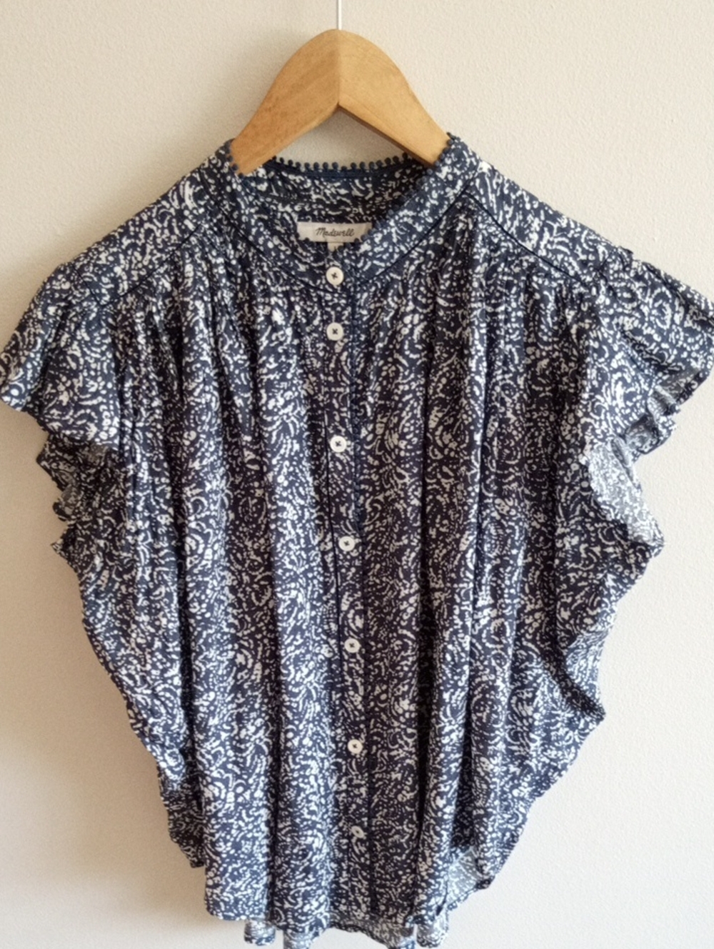 Madewell Shirred Lace Trim Button Front Top Size Large